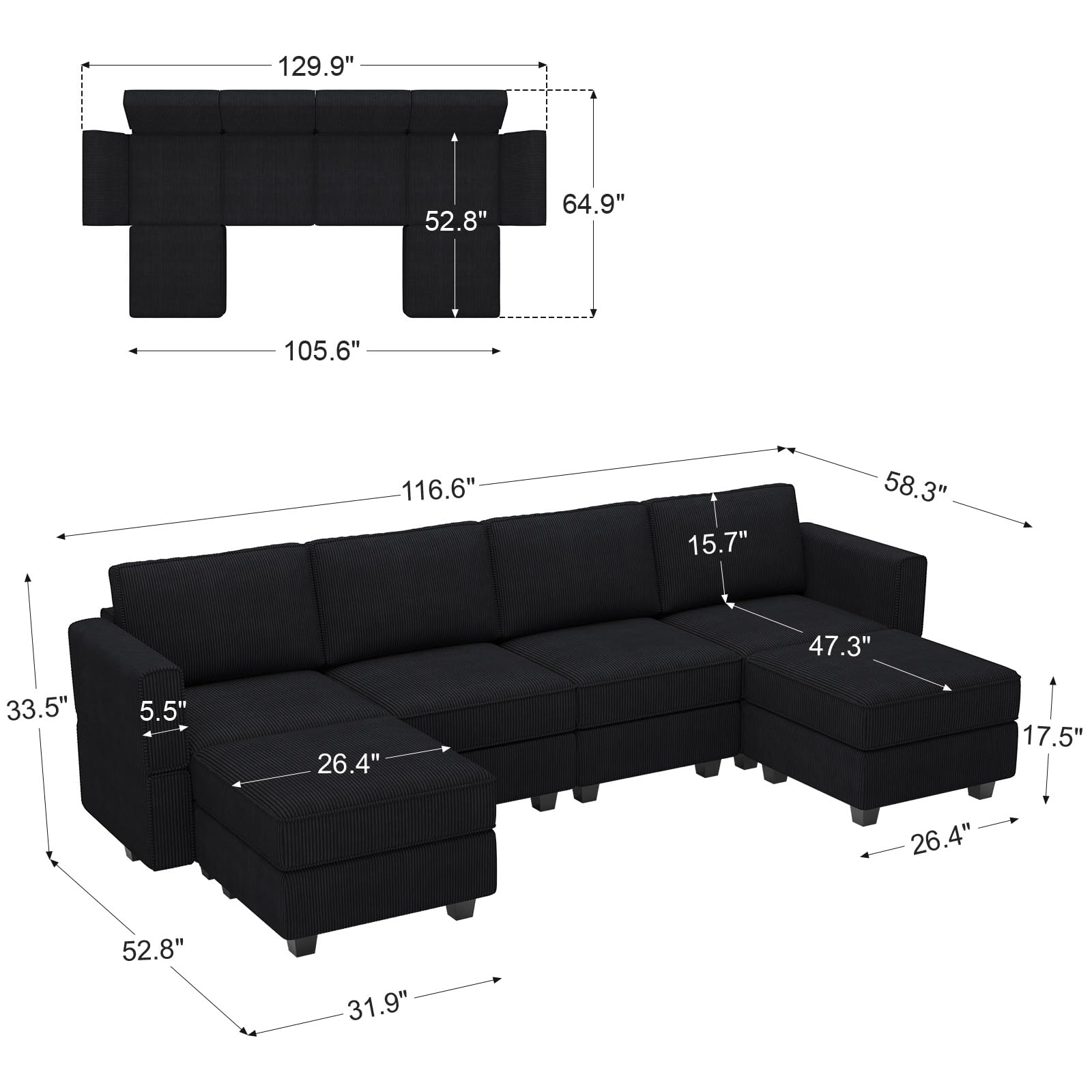Belffin Modular Sectional Sofa Modern U Shaped Sectional Couch with Storage Seat Modular Couch Corduroy (Black, U Shape Sofa-1)