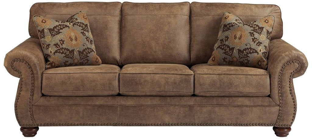 Larkinhurst Faux Leather Sofa with Nailhead Trim and 2 Accent Pillows, Brown