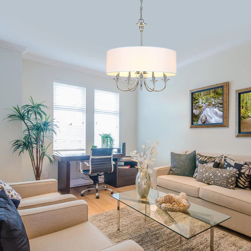 5-Light Traditional Chandelier with White Linen Drum Shade, Drum Chandelier