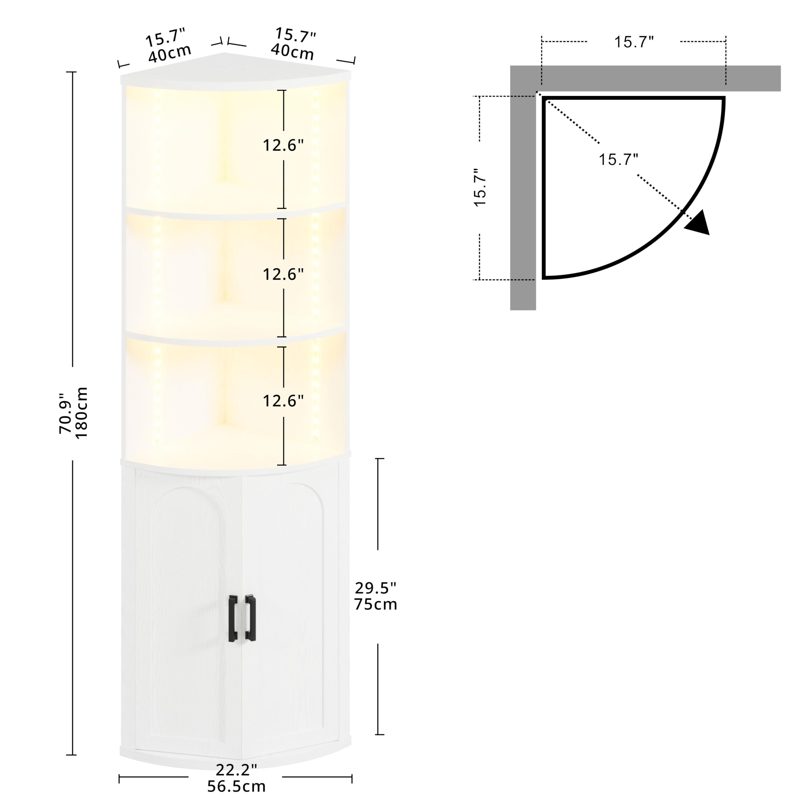 IRONCK Corner Shelf with Doors, Corner Cabinet with LED Light, 5-Tier Storage Cabinet with Doors, Tall Corner Bookshelf for Living Room, Laundry Room, Kitchen, Bar, Small Space
