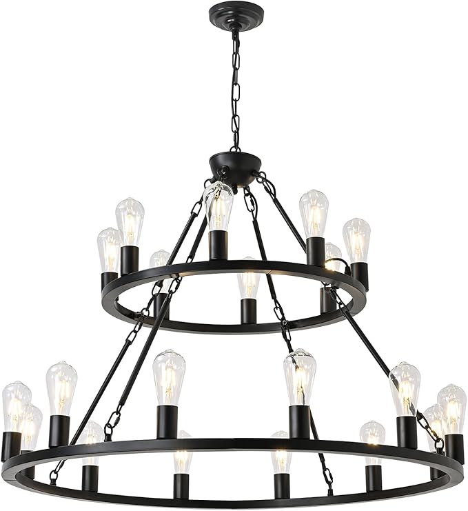 DOYFDOX 48-inch Black Wagon Wheel Chandelier, E26 16-Light Large Round Rustic Farmhouse Chandelier for High Ceilings, Living Room Foyer Entryway Hallway Villa
