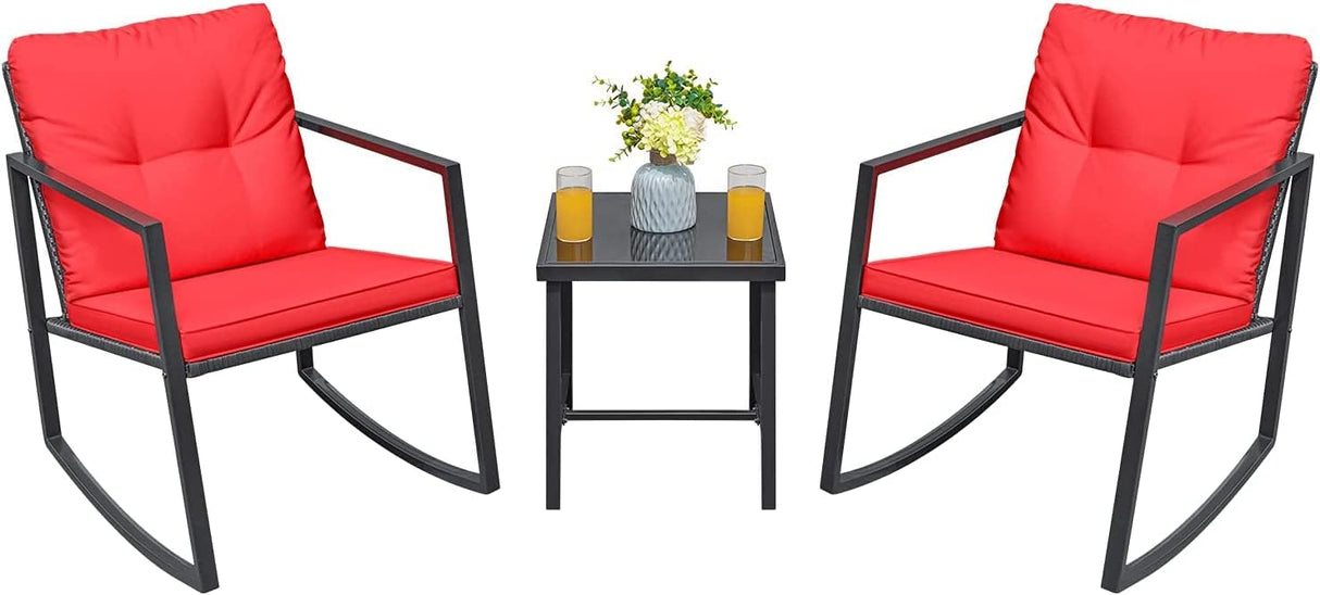 3 Pieces Rocking Wicker Bistro Set, Patio Outdoor Furniture Conversation Sets