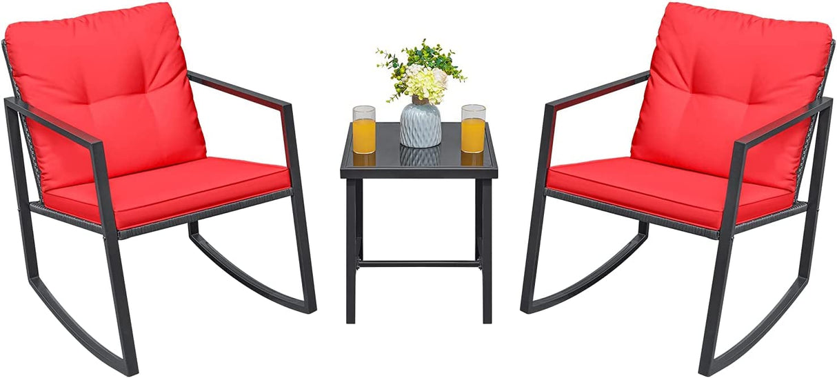 3 Pieces Rocking Wicker Bistro Set, Patio Outdoor Furniture Conversation Sets