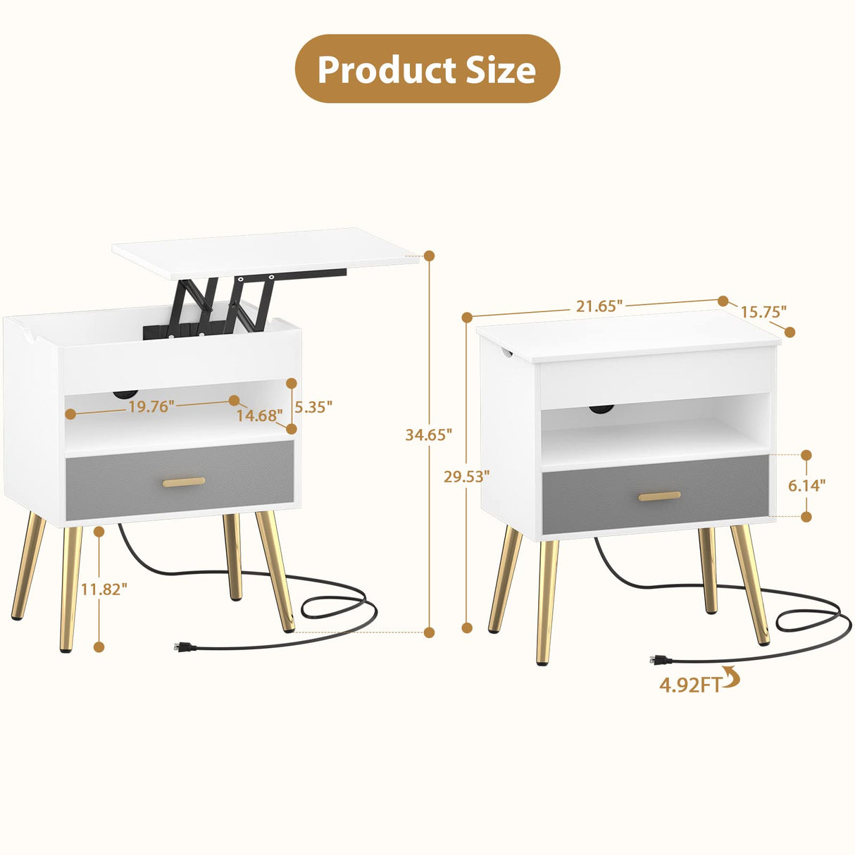 35'' Nightstands Set of 2 with Reversible Lift Top, Large Night Stand