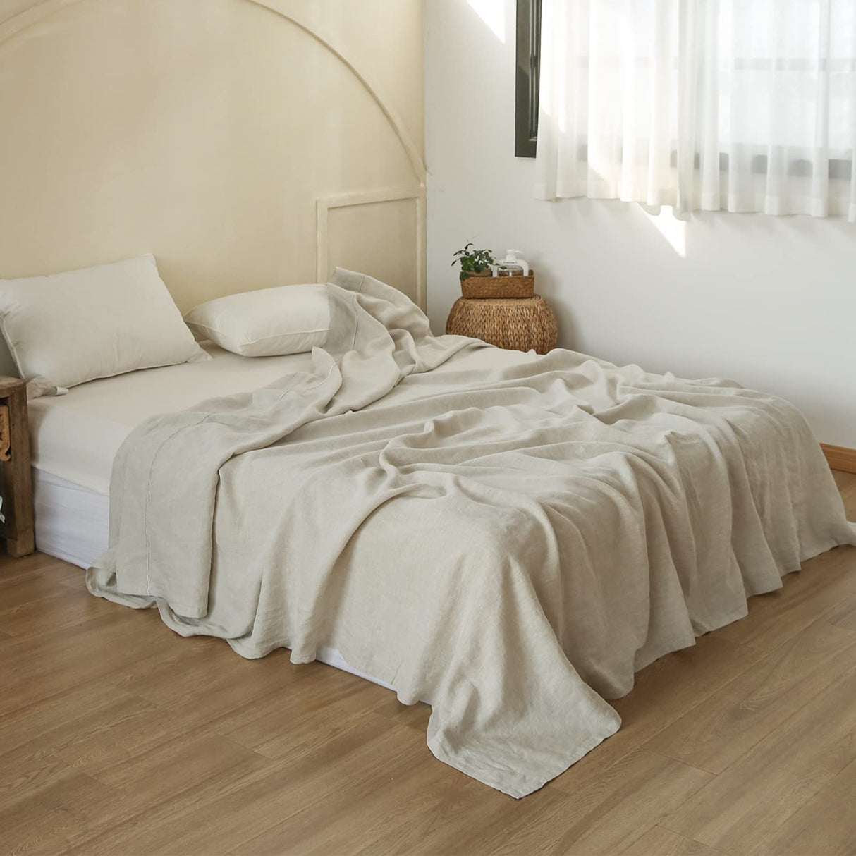 French Linen Flat Sheet with Embroidered Border-100% Stone Washed Flax Bedding,