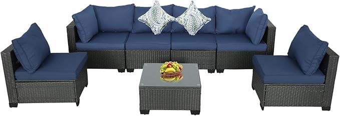 p0[iPatio Furniture Sets 7 Pieces, Outdoor Sectional Sets All Weather Conversation Patio Sofa w Cushions and Glass Coffee Table for Porch Poolside B