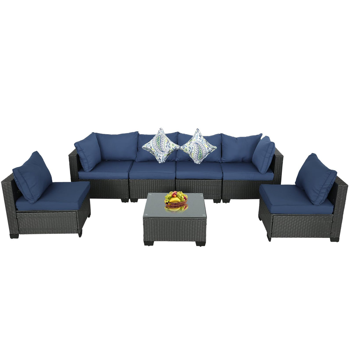 p0[iPatio Furniture Sets 7 Pieces, Outdoor Sectional Sets All Weather Conversation Patio Sofa w Cushions and Glass Coffee Table for Porch Poolside B