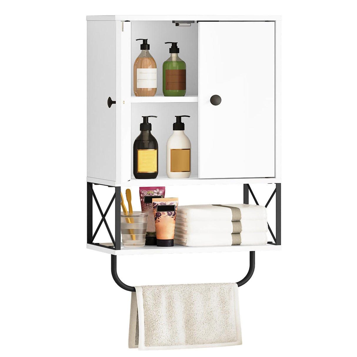 MAHANCRIS Bathroom Wall Cabinet with 2 Door and Adjustable Shelves, Farmhouse Medicine Cabinet with Towel Rack, 3-Tier Wall Mounted Storage Cabinet Over The Toilet for Bathroom Laundry Room, White
