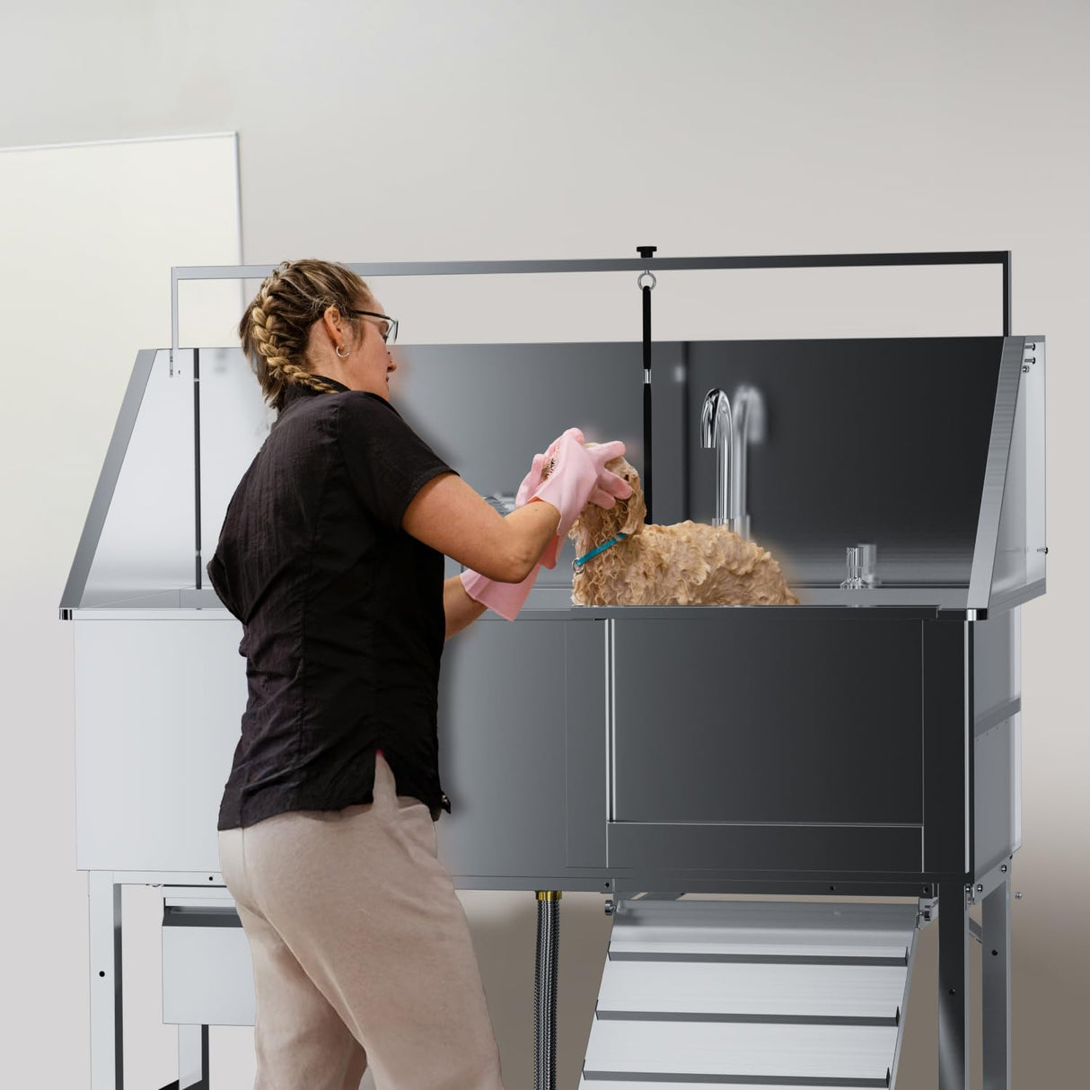 Professional 56" Dog Washing Station - Stainless Steel Grooming Tub with Ramp