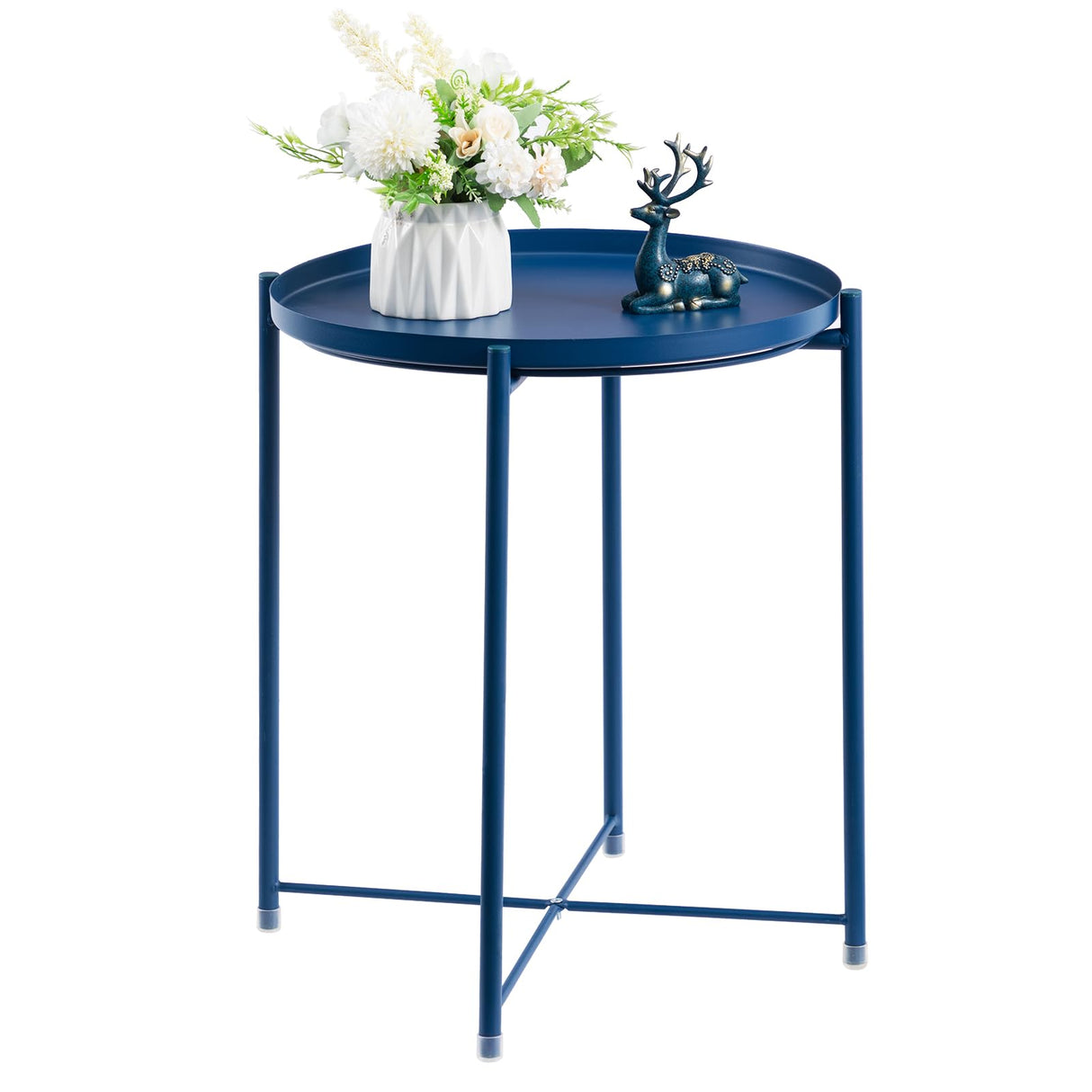 Round Metal Side Table, Outdoor Small Folding Accent Stand with Removable Tray
