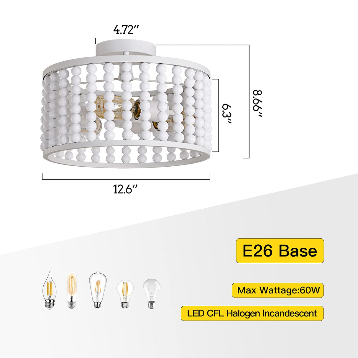 Boho Light Fixture, 3-Light Wood Beaded Chandelier, White Semi-Flush Mount Ceiling