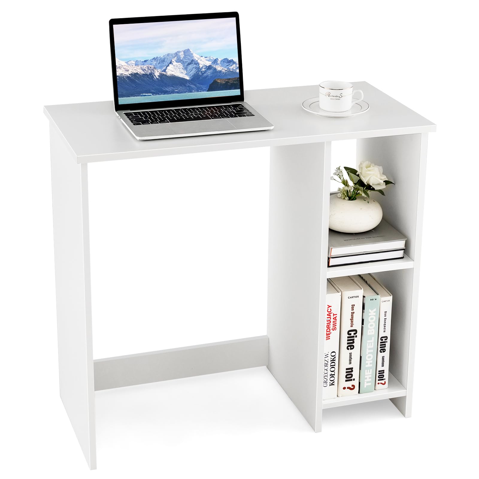 Small White Desk with Shelves, Compact Small Desk for Small Space, Study Writing Desk with 2 Tier Shelves, Modern Simple Style Laptop Desk, PC Desk, Kid’s Desk, White