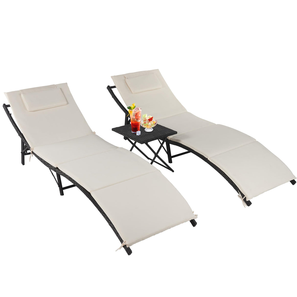 Portable Outdoor Rattan Lounge Chair Set of 2, Foldable Table and Khaki Seat Cushion