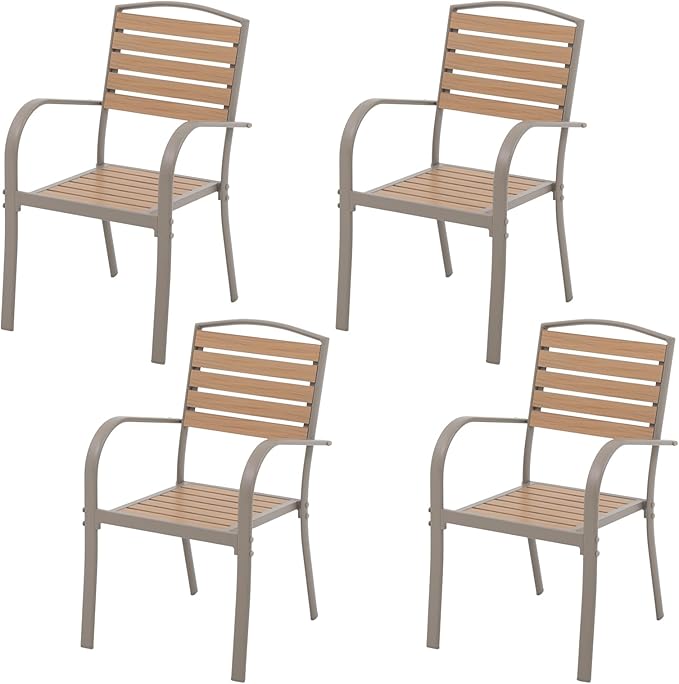 Patio Dining Chairs Set of 2, Aluminum Outdoor Dining Chairs with Faux Wood Slats