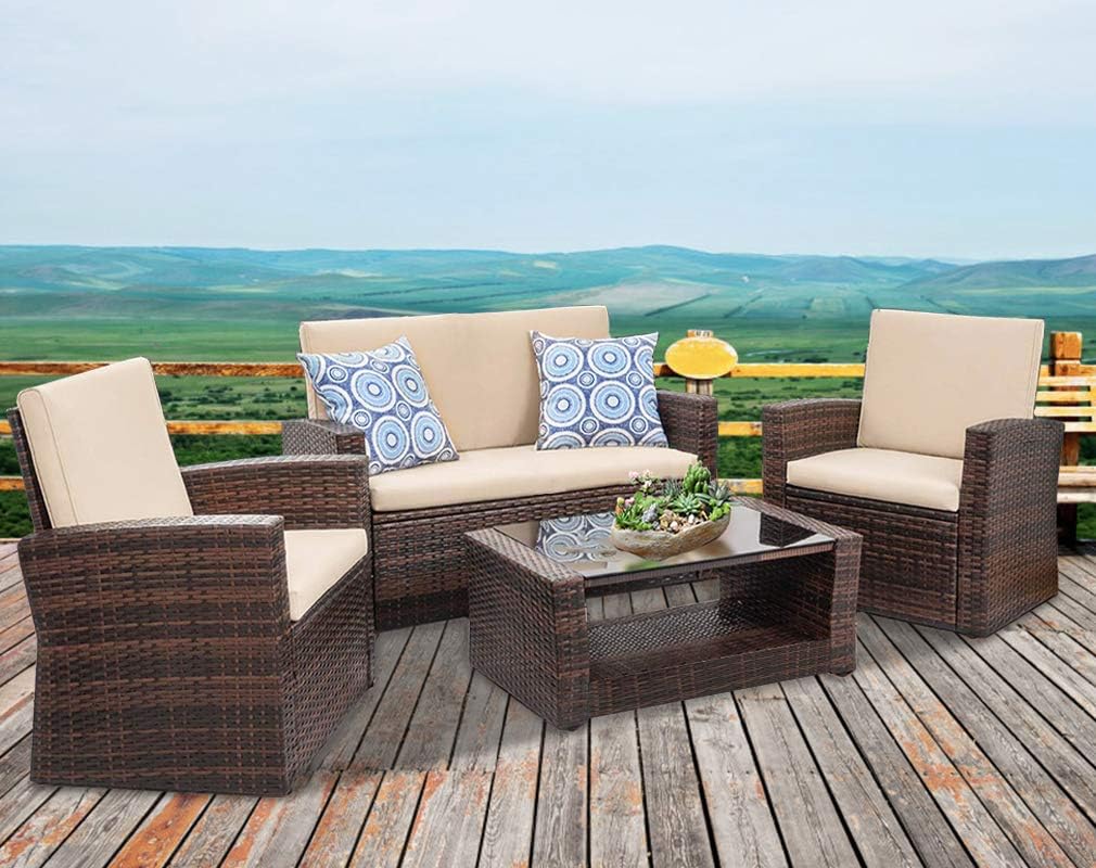 4 Pieces Outdoor Patio Furniture Sets Sectional Sofa Rattan Chair Wicker Conversation Set Outdoor