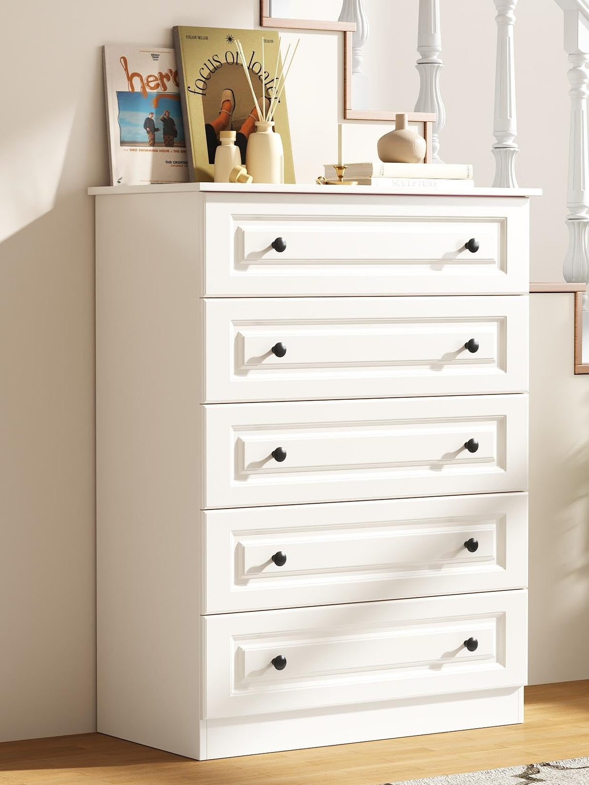 White 5-Drawer Tall Dresser with Wood Top, Modern Storage Tower for Bedroom, Closet, Living Room, Entryway, Hallway