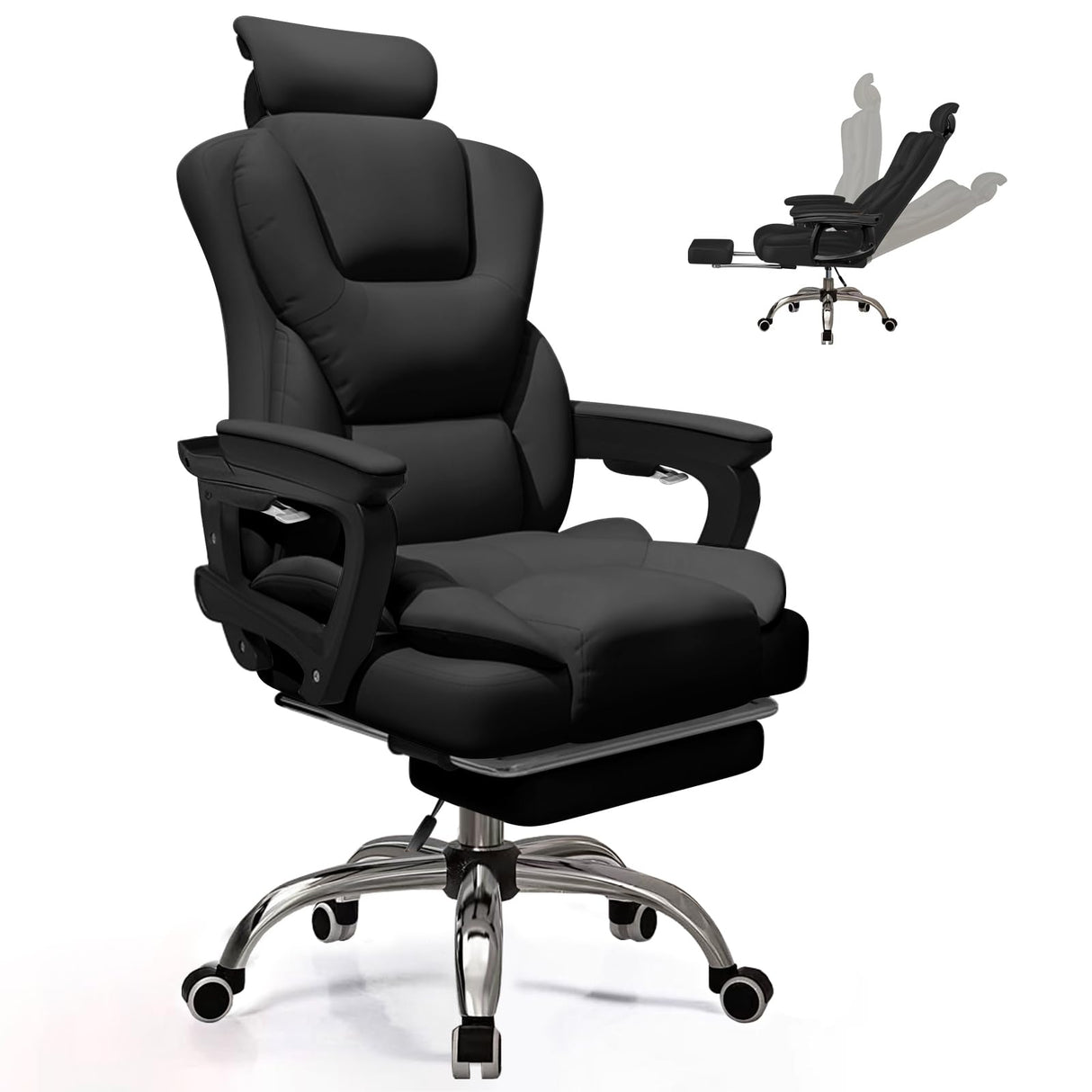 HDHNBA Office Chair Big and Tall Computer Gaming Chairs with Foot Rest Comfortable Lumbar Support Ergonomic High Back Reclining Desk Chairs PU leather Executive Office Work Chair, Black