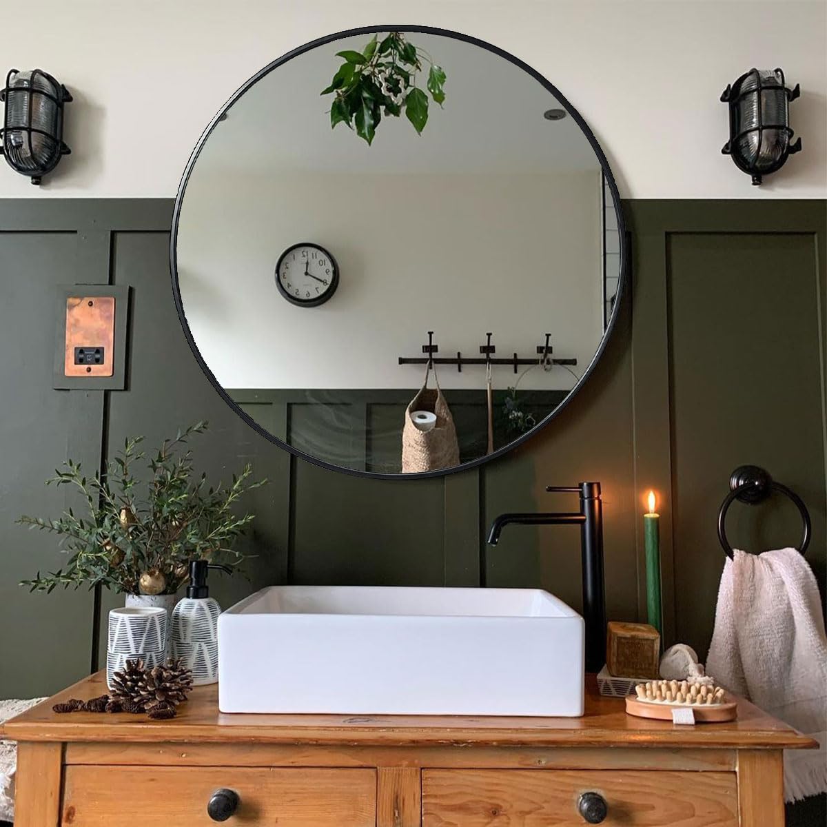 Large Round Mirror - 48 Inch Black Metal Frame Modern Vanity Mirror for Bathroom