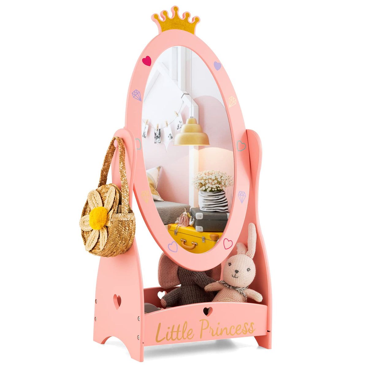 Kids Full Length Mirror, Princess Floor Free Standing Mirror w/Storage Shelf