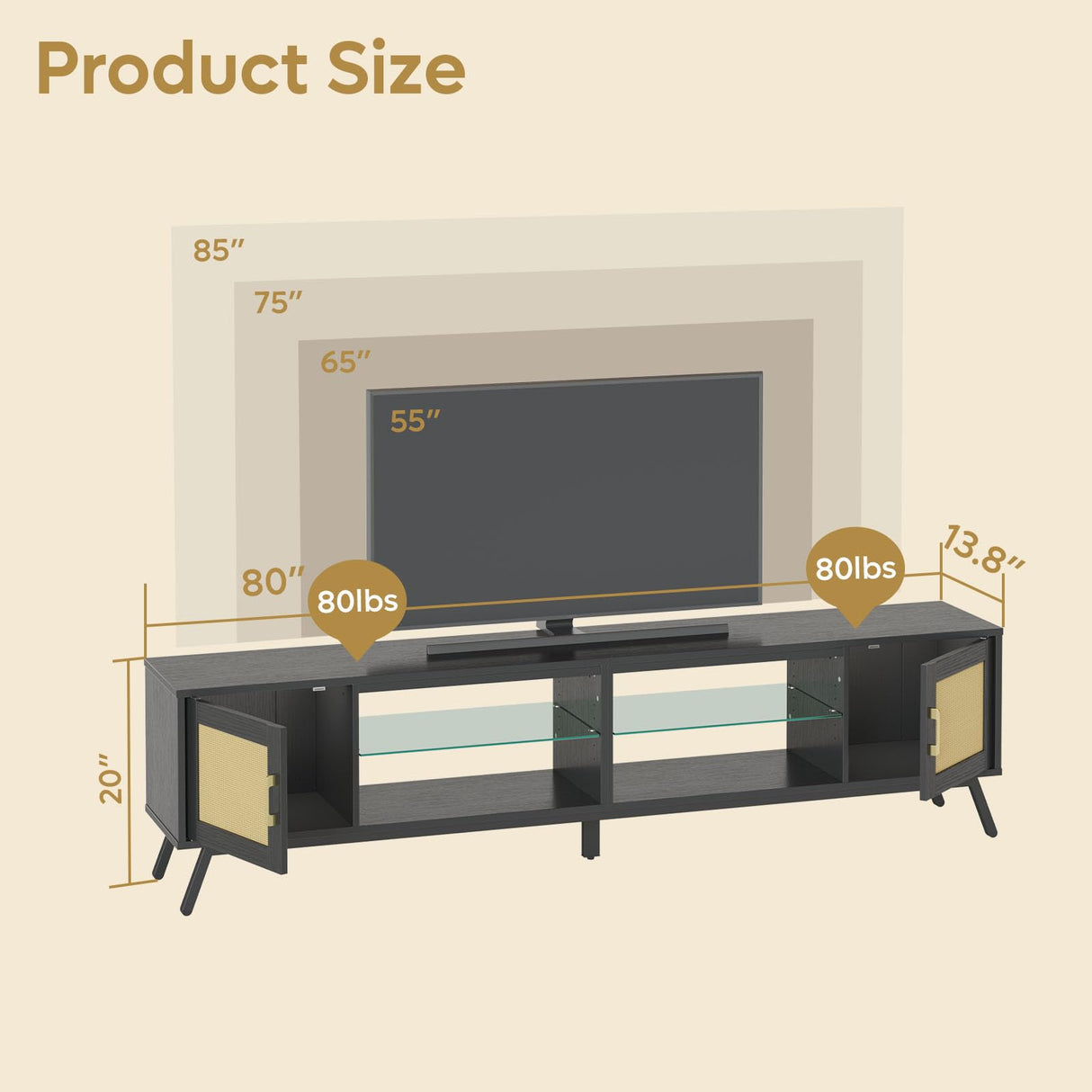 80 Inch Black Rattan TV Stand with LED Lights