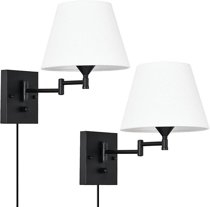 Plug in Wall Sconce Set of 2 Swing Arm Wall Lamp with Plug in Cord and Grey Fabric