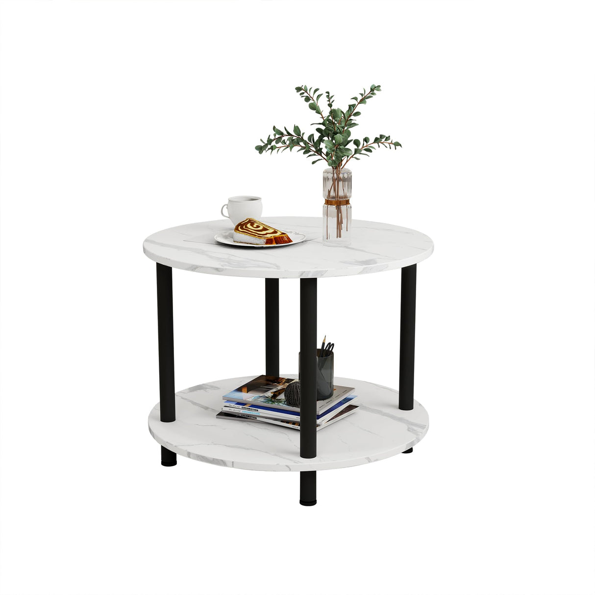 23.6" Round Coffee Table, 2-Tier Small Circle Coffee Table with Storage