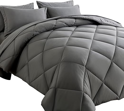 Bed in a Bag Queen Comforter Sets 7pcs All Season Solid Down Alternative Bedding Sets