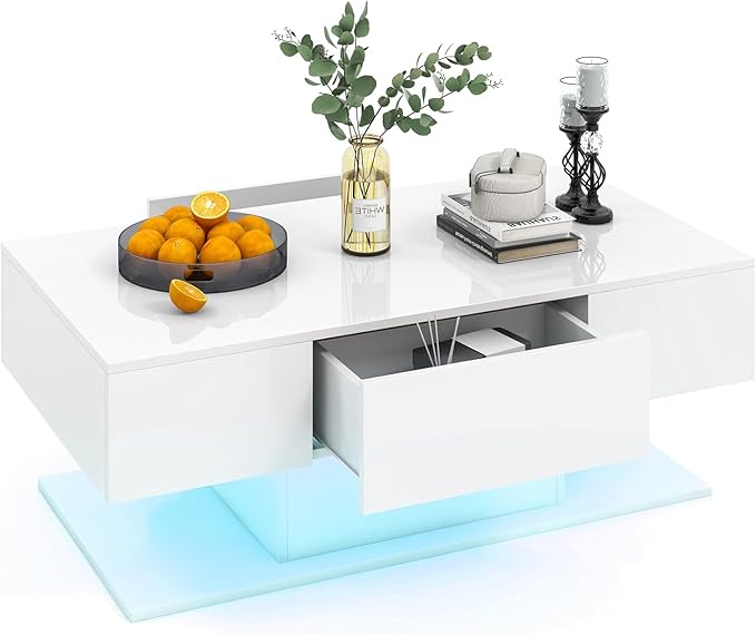 LED Coffee Table with 2 Drawers, High Glossy Modern Center Table
