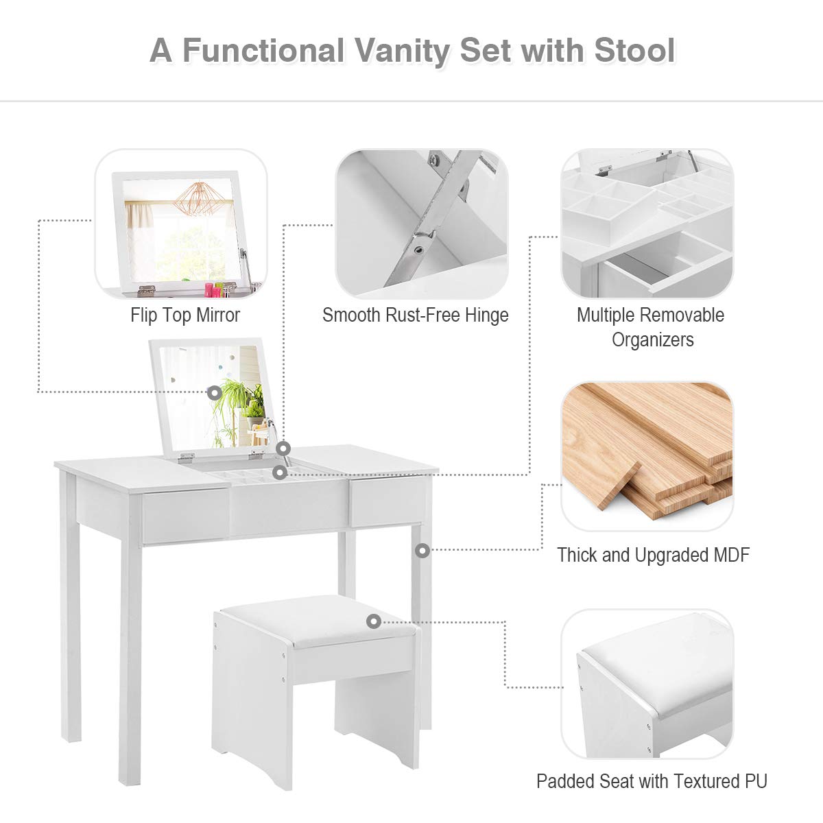 Vanity Set with Flip Top Mirror and Cushioned Stool, Makeup Dressing Table Writing Desk with 2 Drawers