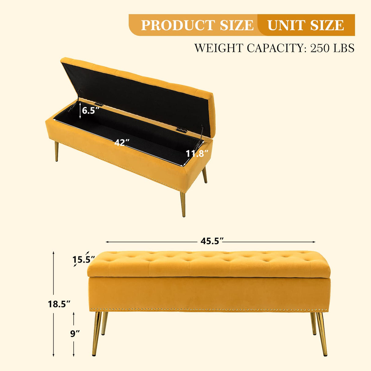 Modern Velvet Storage Ottoman Bench with Gold Base & Nailhead Trim, Upholg Room Dining Room