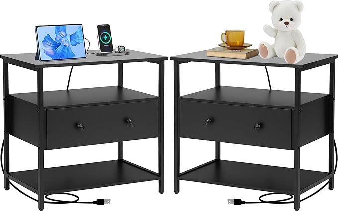 27 inch Nightstand Side Table with 1 Layer of Wooden Drawers,Nightstand with Charging Station