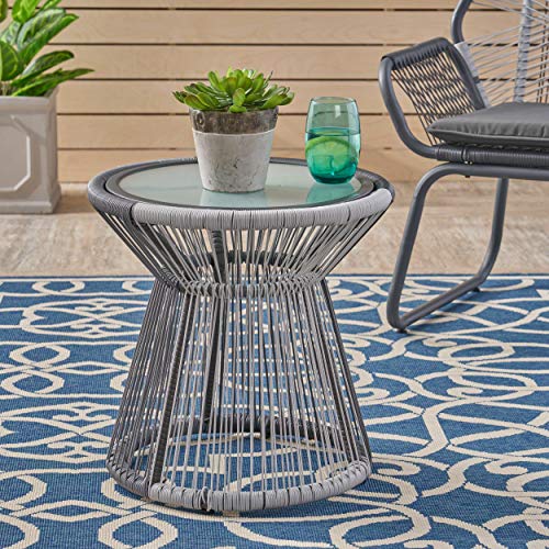 Aiden Outdoor Wicker Side Table with Glass Top