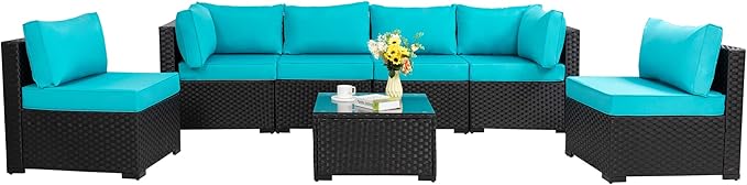 7 Pieces Outdoor Patio Sectional Sofa Couch, Black Wicker Furniture Conversation Sets