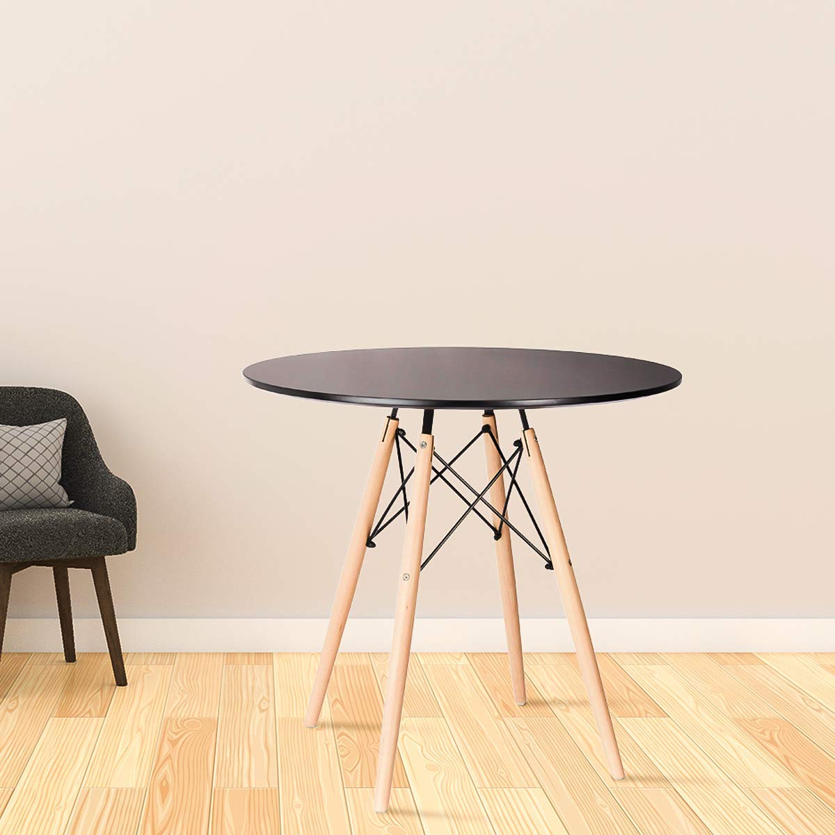 Modern Round Office Side Table in Black with Beech Wood Legs