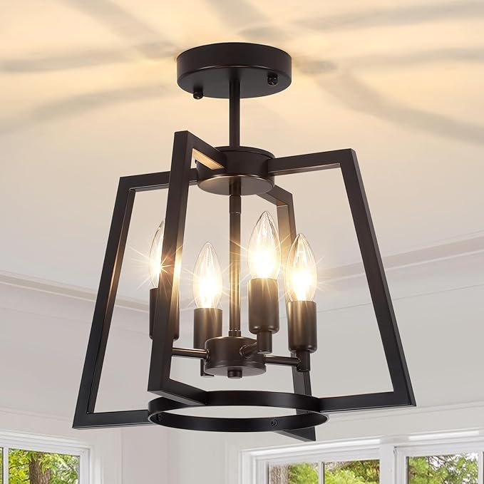 4-Light Modern Ceiling Light, Black Gold Semi Flush Mount Ceiling Light, Hallway Light