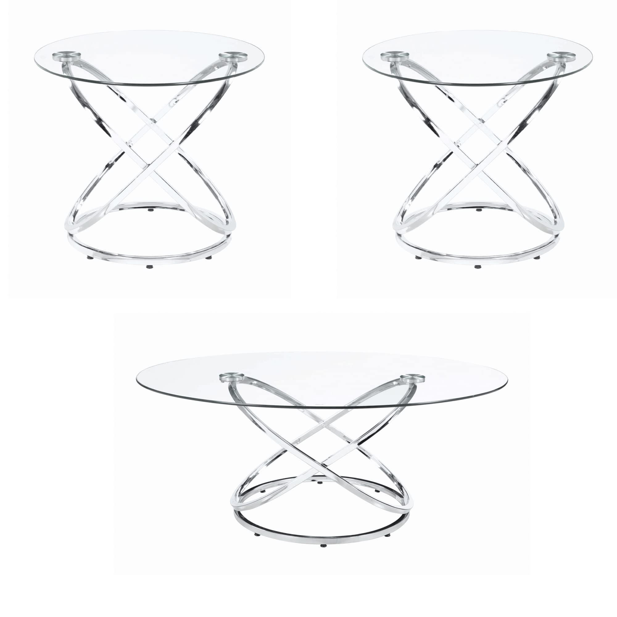 3 Piece Metal Frame Coffee Table Set with Glass Top, Set of 3, Silver
