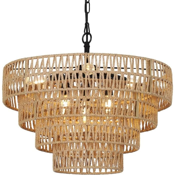 6-Light Boho Rattan Chandelier Brown