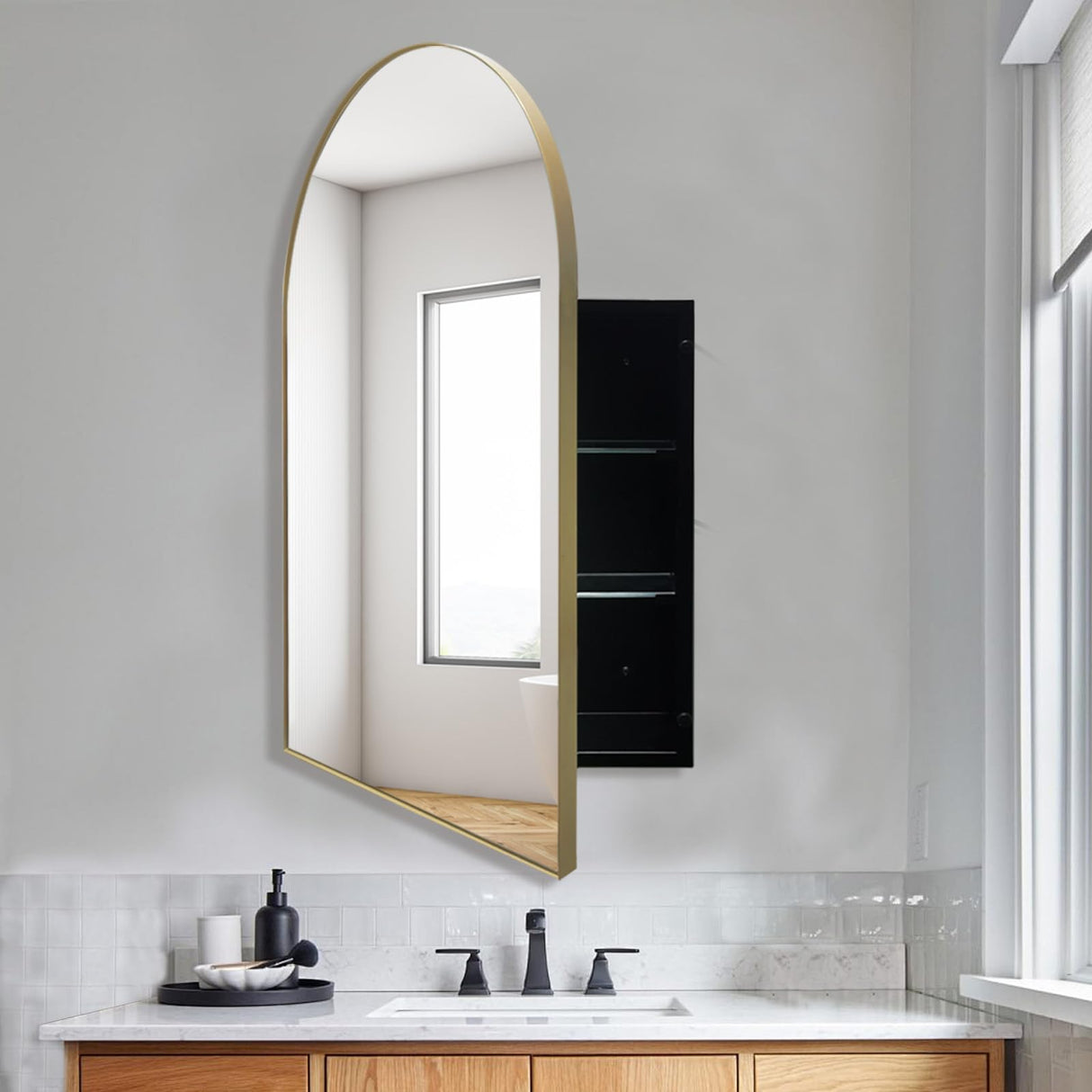 Arched Medicine Cabinet with Mirror,Surface Mounted Farmhouse Bathroom Medicine