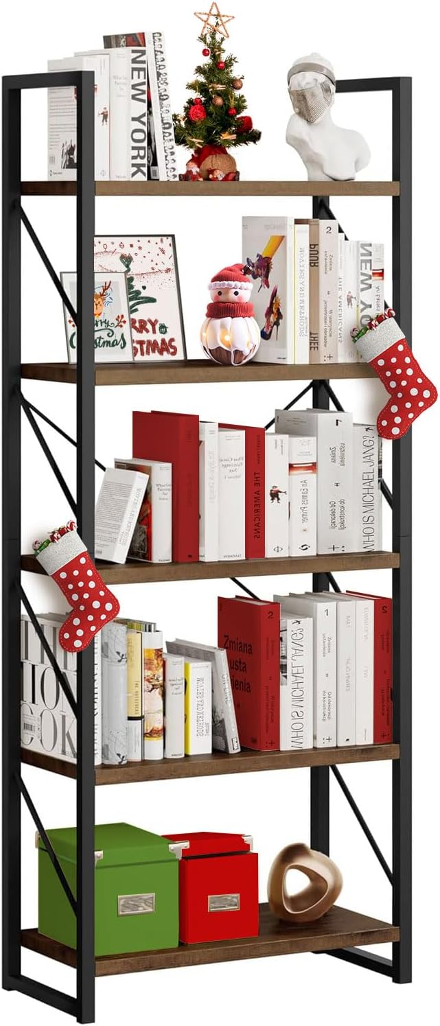 5-Tier Bookshelf, Freestanding Book Shelf, Industrial Minimalist Open Display Storage