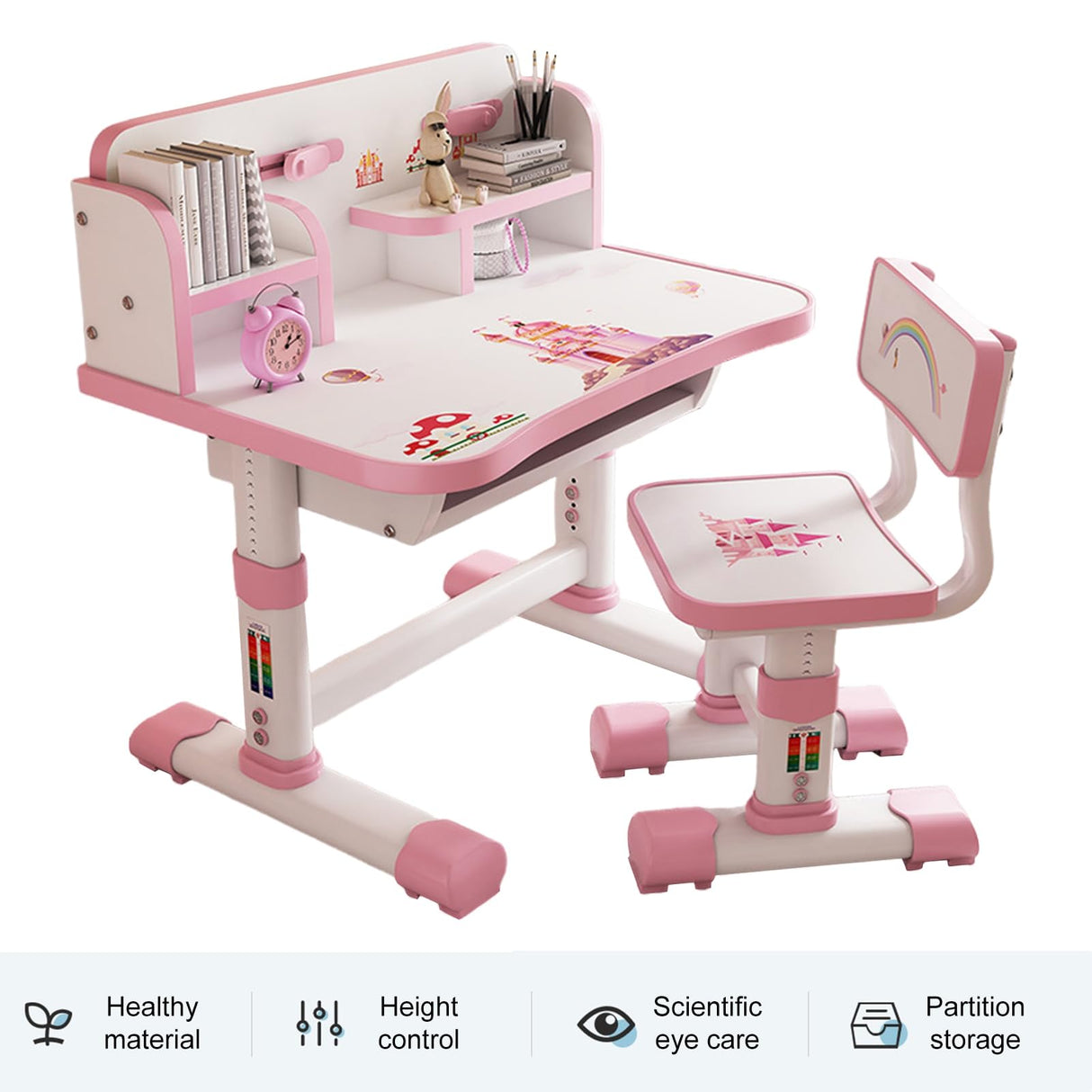 Desk and Chair Set- Height Adjustable Children School Study Desk with Castle Backboard