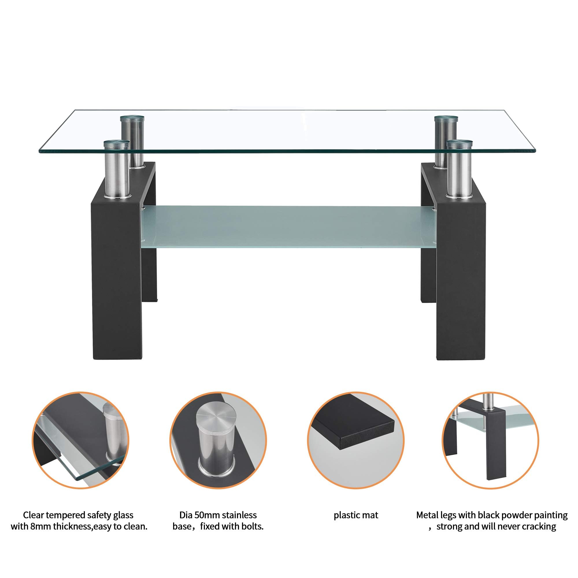 Glass Coffee Table, Rectangular Coffee Table with Metal Legs &Storage Shelf