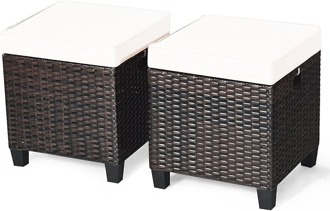 Outdoor Ottoman Set of 2, All Weather Rattan Wicker Patio Ottoman w/Removable