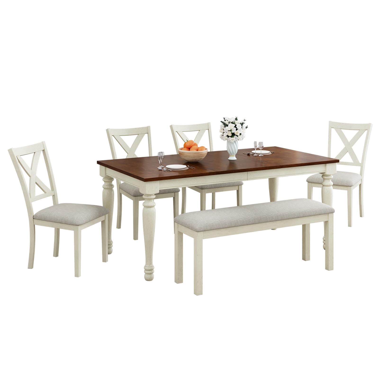 71" Solid Wood Dining Table Set, Large Dining Table with 4 Upholstered Chairs & 1 Long