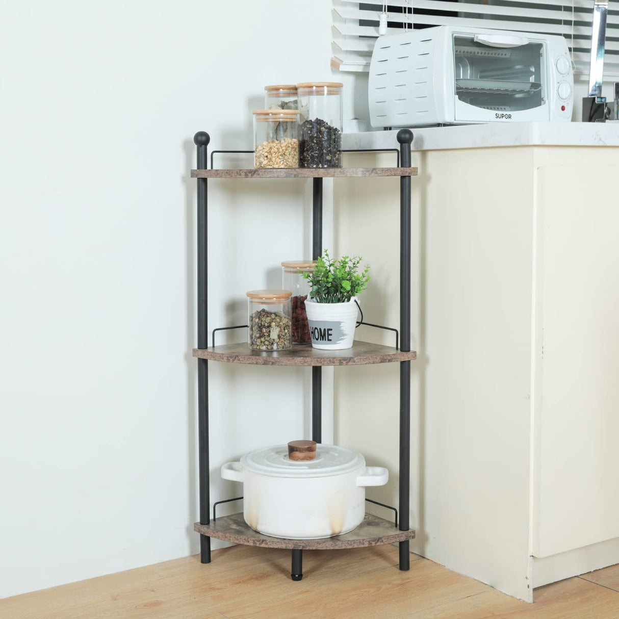Compact 3-Tier Corner Shelf - Space Saving Wooden Rack