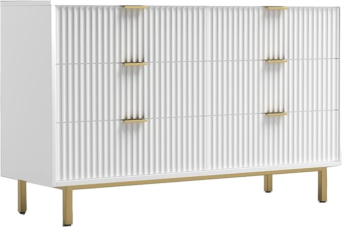 Beth 56 Inch 6 Drawer Dresser, Corrugated Panels, Mahogany Wood, White and Gold