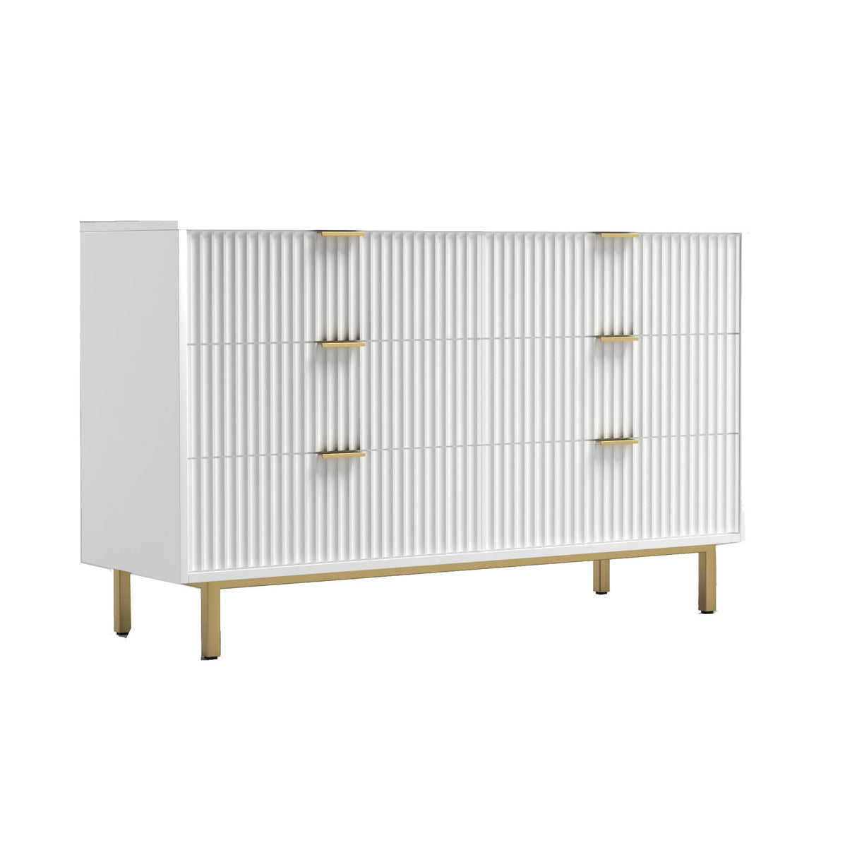Beth 56 Inch 6 Drawer Dresser, Corrugated Panels, Mahogany Wood, White and Gold