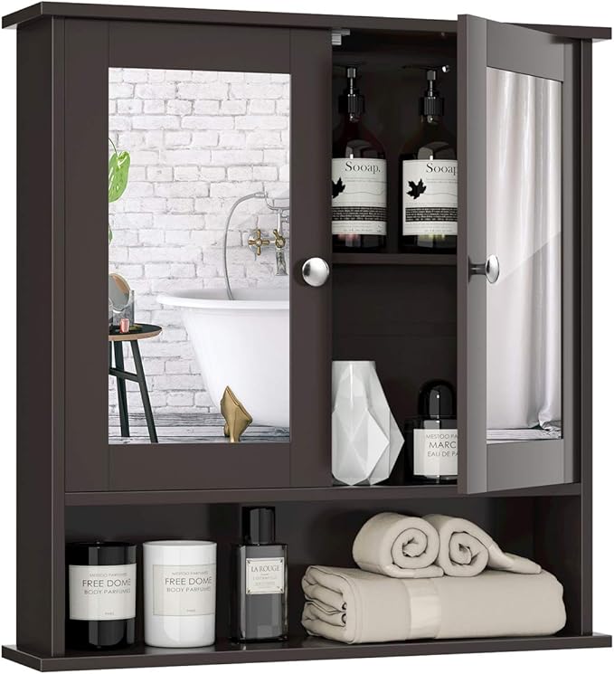 Bathroom Cabinet, Wall Mount Storage Cabinet with Double Mirror Doors