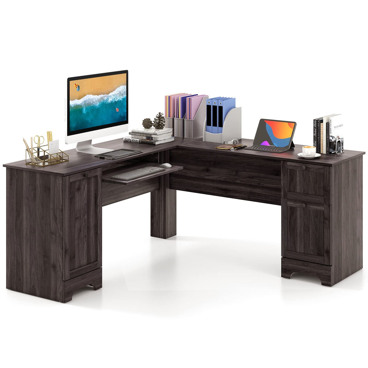 LuxeSpace L-Shaped Office Desk with Storage & Ergonomic Keyboard Tray