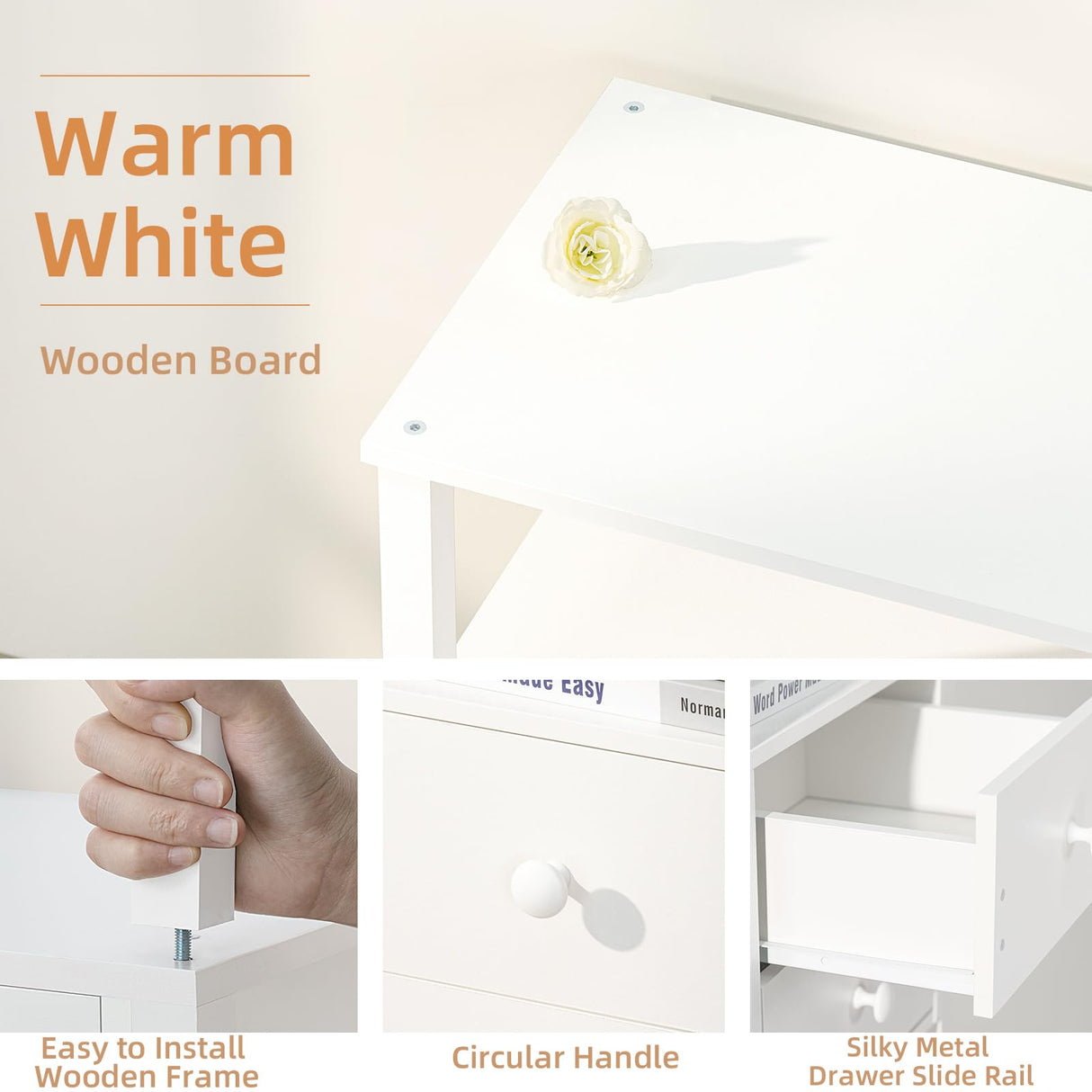 White Night Stand, Small Nightstand with 2 Wood Drawers and Storage Shelf, Modern