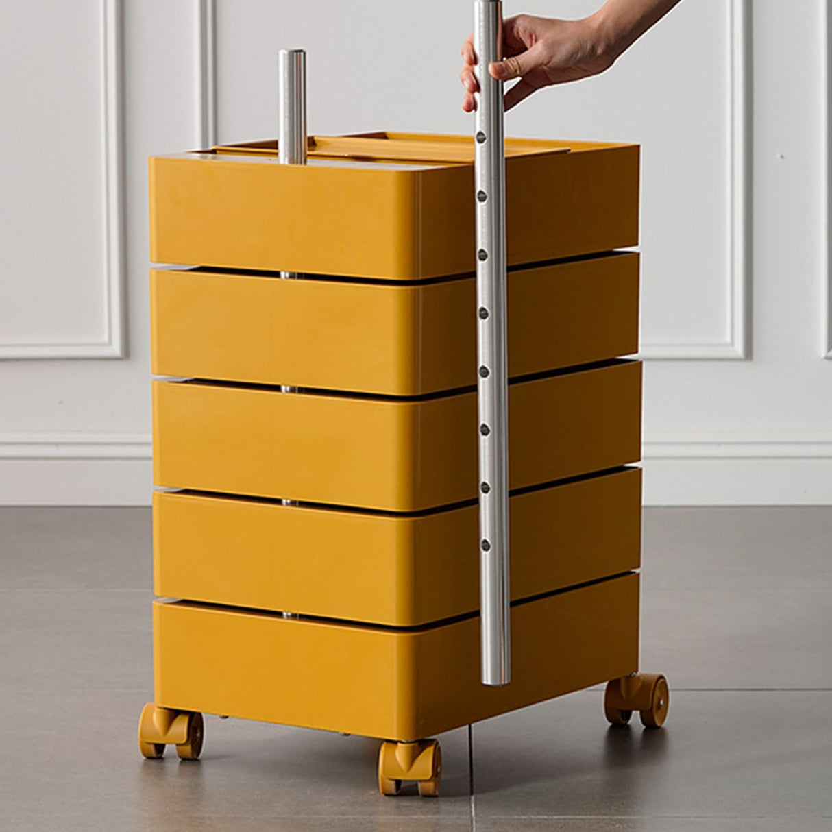 Versatile 5 Drawer Chest with Wheels, Modern Night Stand with Rotating Drawers